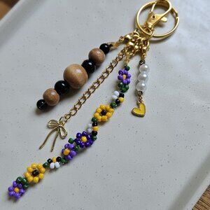 Floral Beaded Charm Keychain | Handmade Keyring with Wood Beads, Pearls, Bees